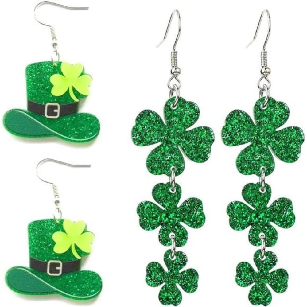 2 Pairs St. Patrick's Day Earrings - Green Hat & Shamrock Jewelry for Women